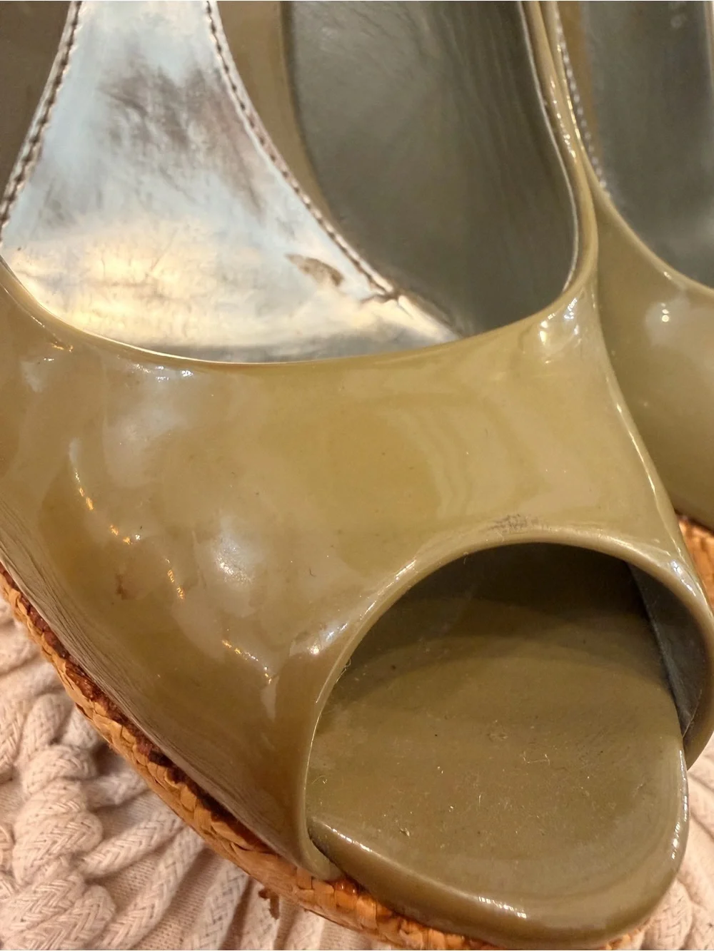 Gucci Olive Patent Leather Raffia Wedge Slingback